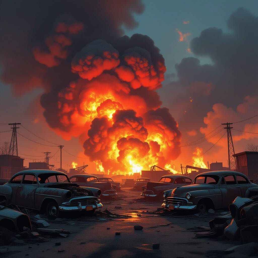 Car Wreck Inferno in Gritty Concept Art Style