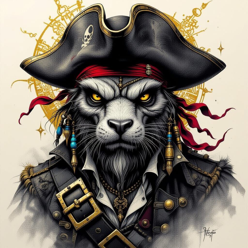 Surreal Pirate Animals in Charcoal Drawing