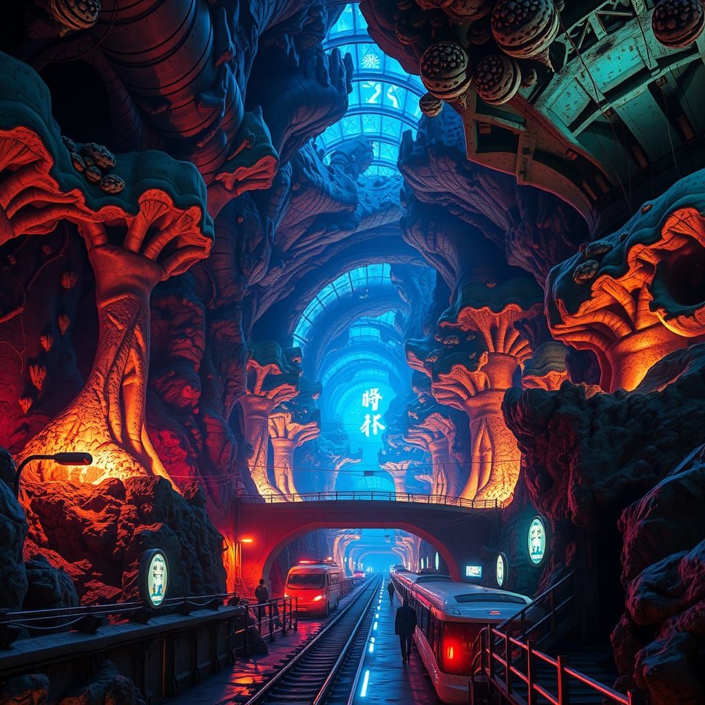 Dreamlike Underground Metropolis: Bioluminescent Futurism
