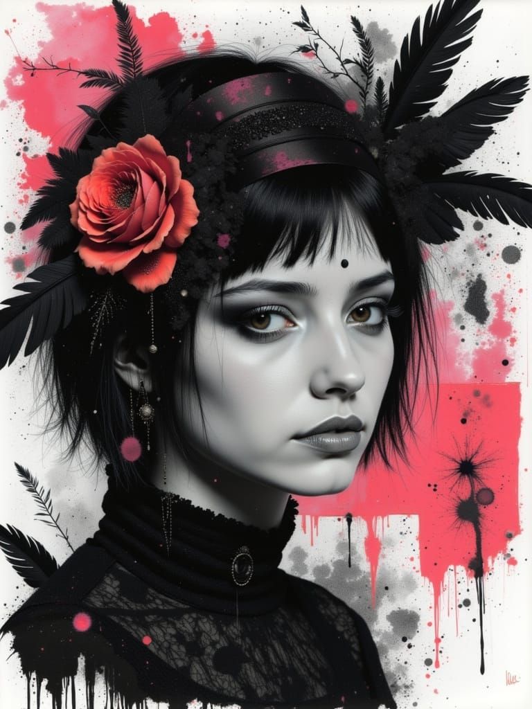 Gothcore Portrait of a Sad Young Woman with Feathers