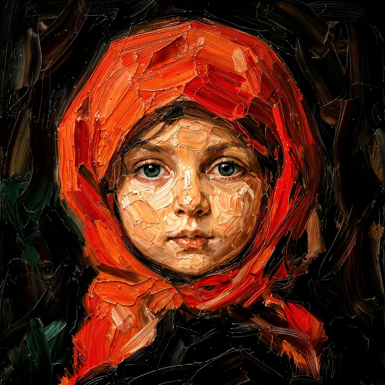 Palette Knife Portrait of Young Woman in Red Hood