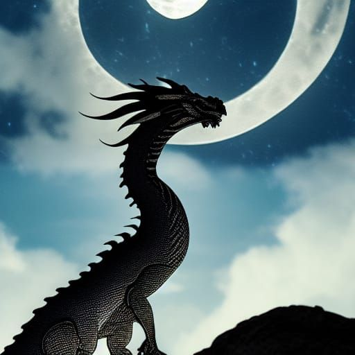 Dramatic Dragon Silhouette Against Moonlit Sky