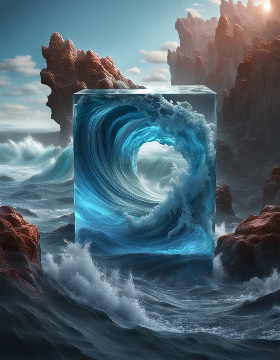 Waves Escape Transparent Cubes: Fantasy Concept Art