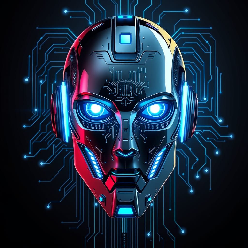 Futuristic Robot Face in Neon-Lit Industrial Landscape