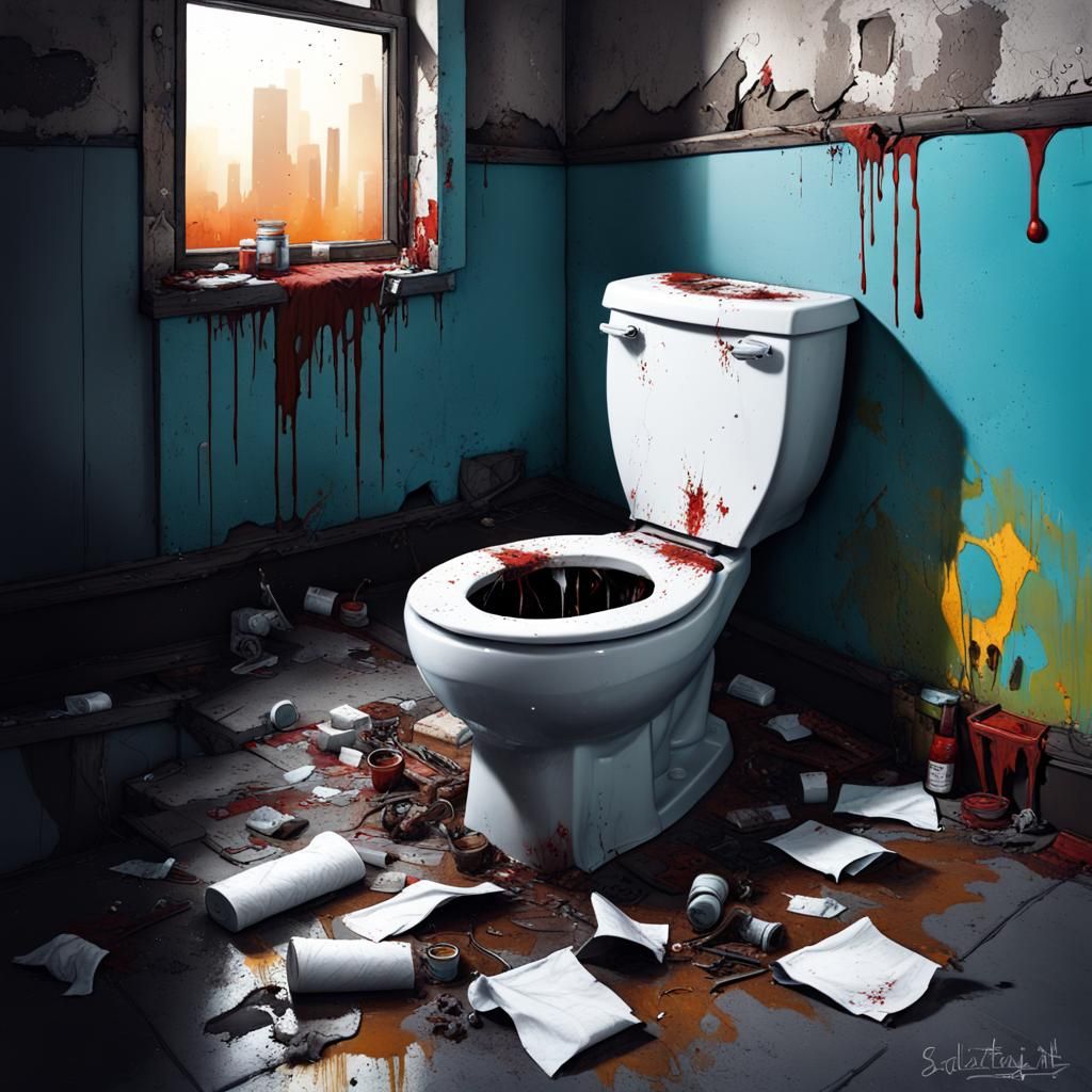 Filthy Bathroom with Broken Toilet in Grungy Street Art