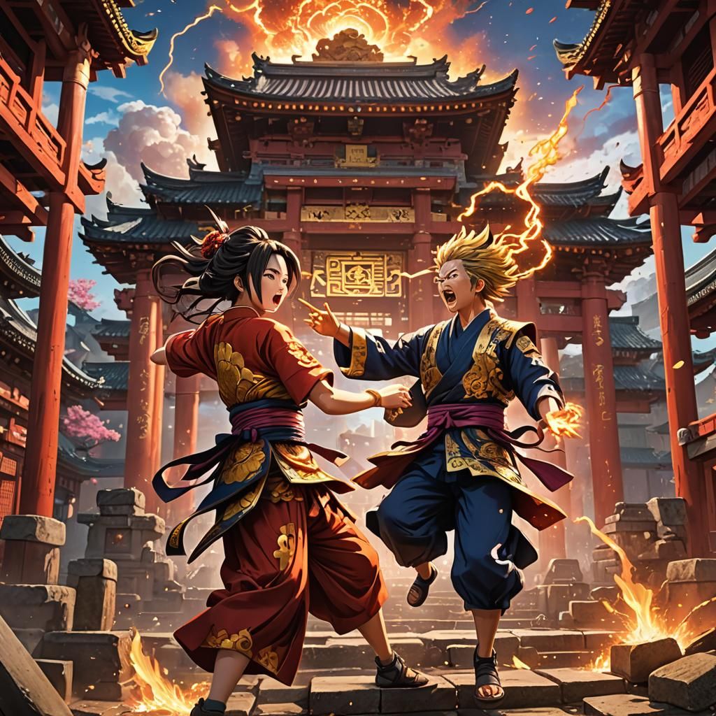 Gojo and Sakona: Anime Magic Clash in Temple Ruins