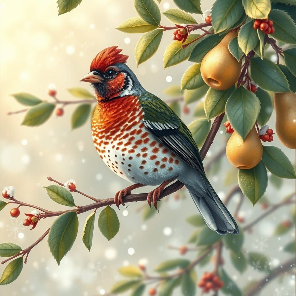 Whimsical Partridge in Pear Tree Winter Scene