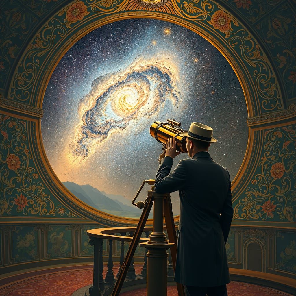 Astronomer in Art Nouveau Observatory Gazing at Nebula