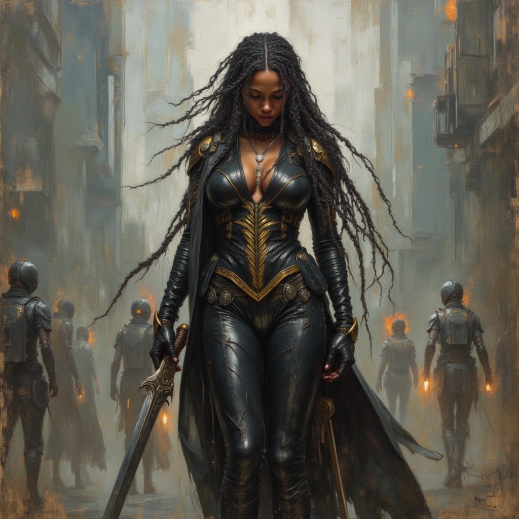 Futuristic African Warrior Goddess in Cyberpunk City