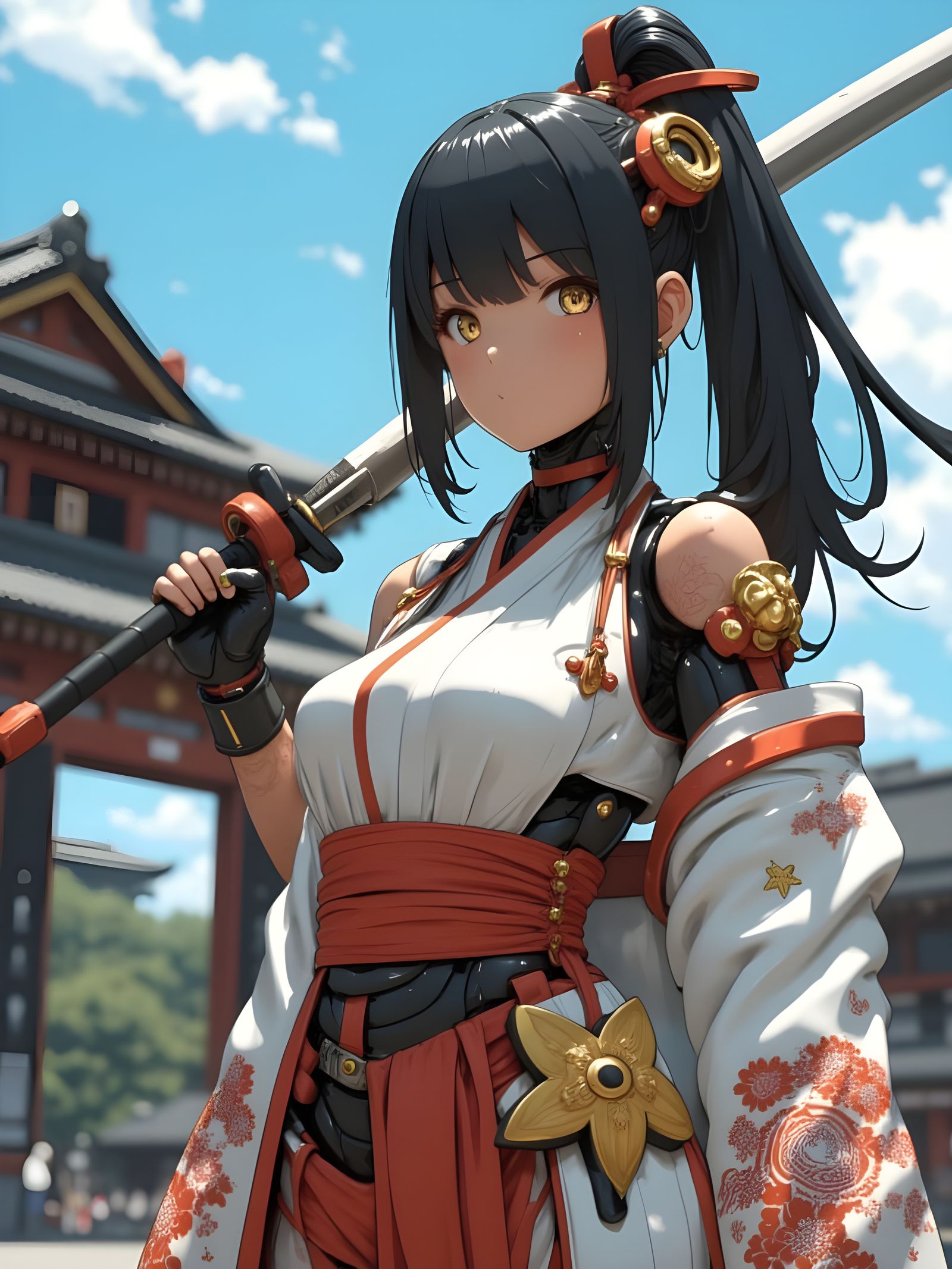 Neo-Cyberpunk Samurai Maiden in Golden Splendor