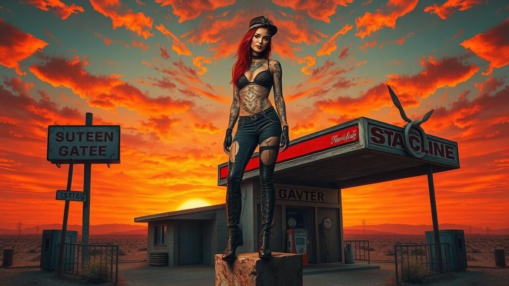 Southern Gothic Rockstar in Post-Apocalyptic Desert Sunset