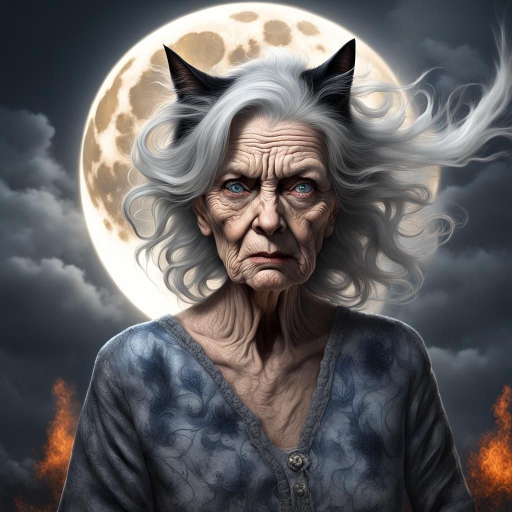 Wrinkled Witch and Black Cat Familiar Under Moon