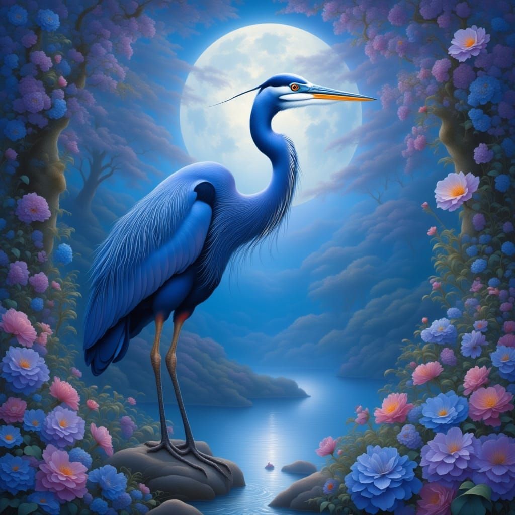 Blue Heron in Ethereal Moonlight Dreamscape