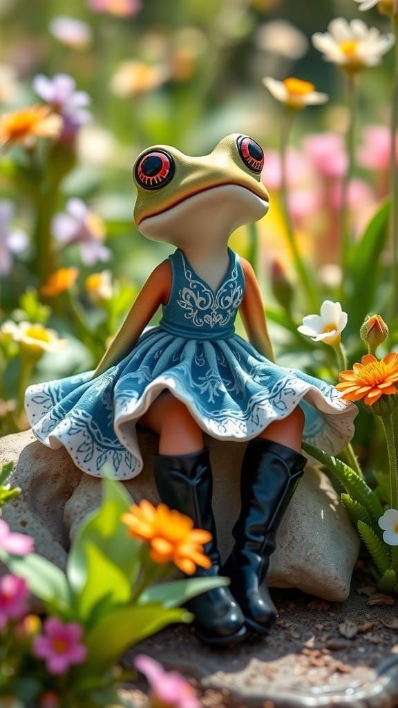 Whimsical Female Frog in a Vibrant Summer Garden