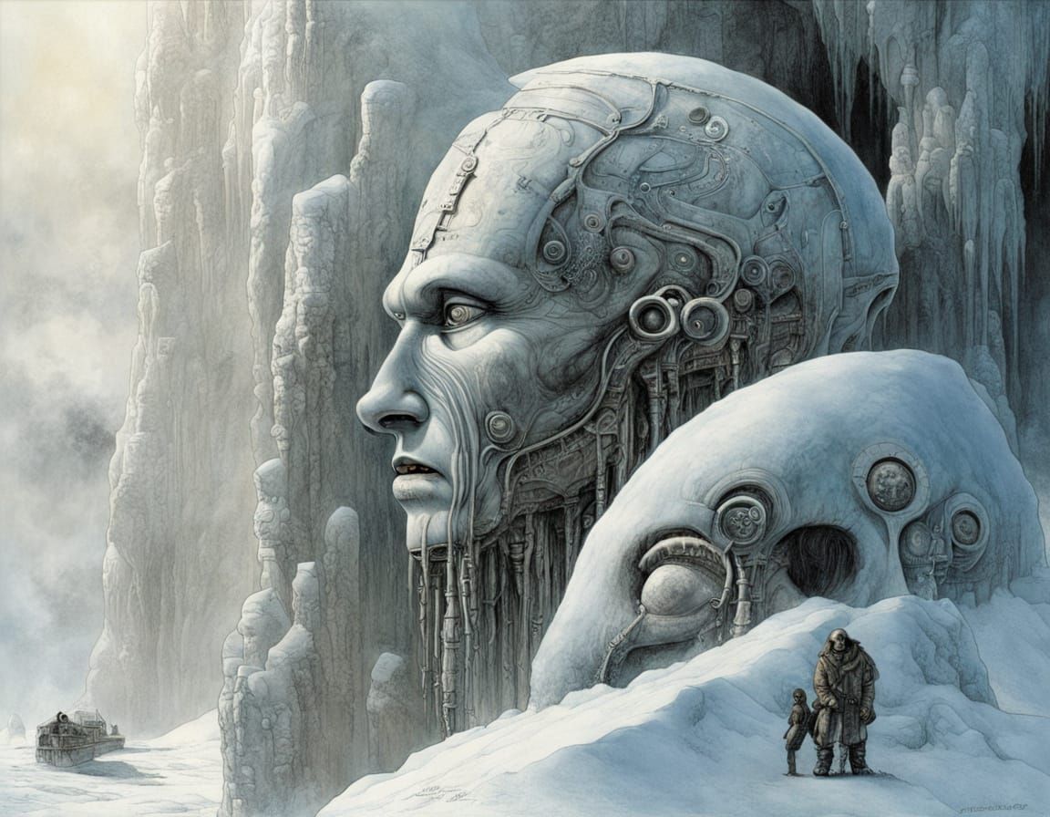 Excavation of Giant Face Artifact in Giger Style