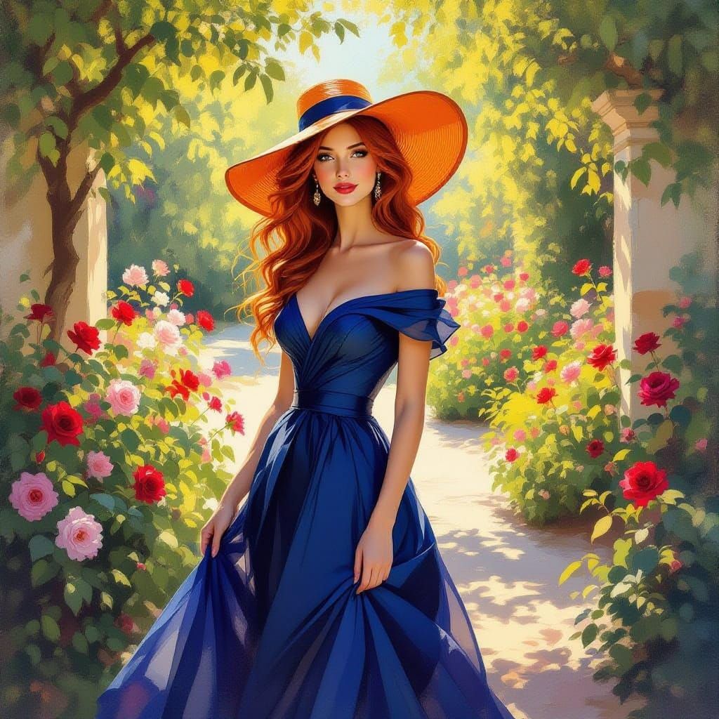 Redhead Woman in Blue Gown and Orange Hat in Garden