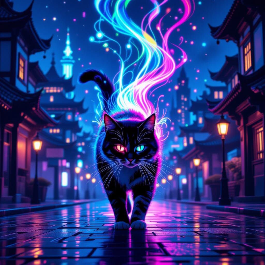 Neon Cat Stalks Fairytale City in Cyberpunk Night