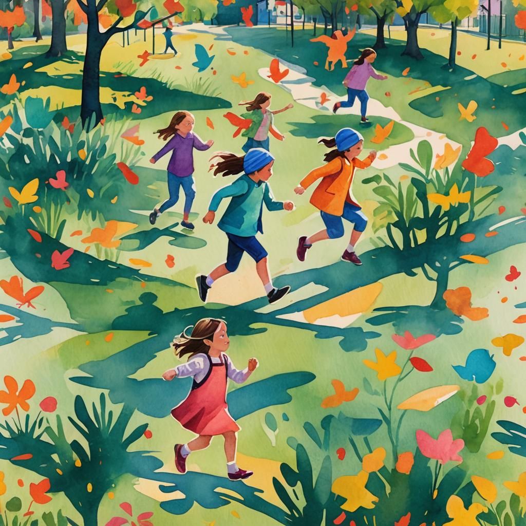 Girl Skipping in Playground: Eric Carle Collage Style