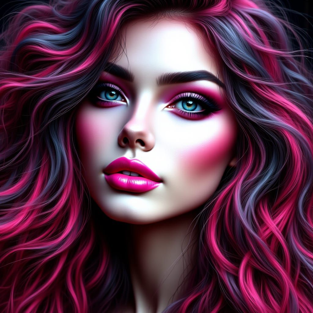 Glamorous Woman with Pink & Black Hair in Futuristic Style