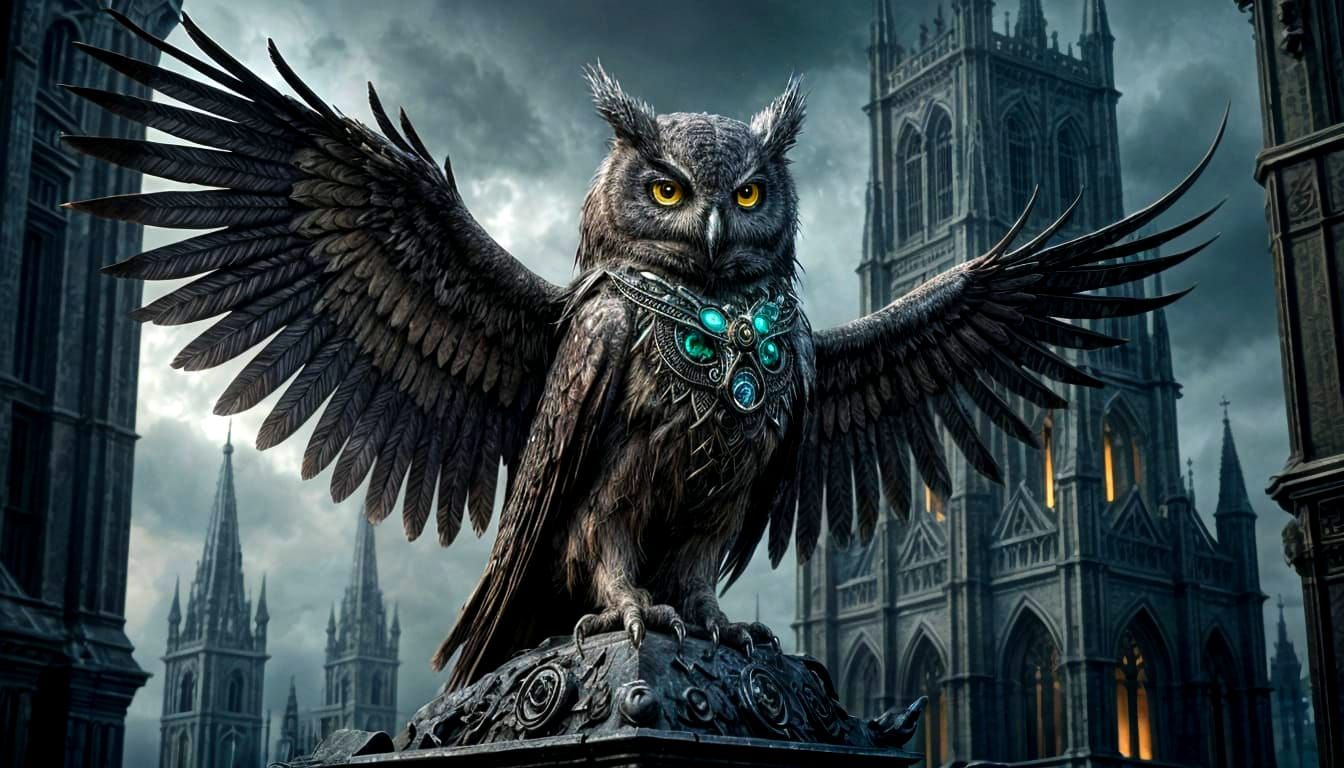 Clockwork Owl on Gothic Gargoyle in Dark Fantasy Style