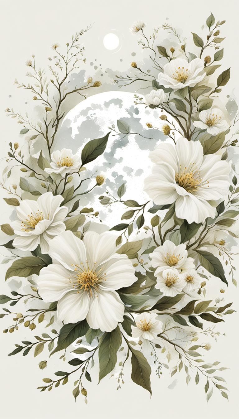 Ethereal Floral Moon Art in White and Khaki