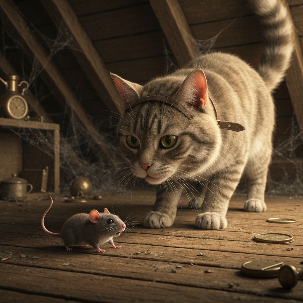 Hungry Cat Stalks Frightened Mouse in Dusty Attic