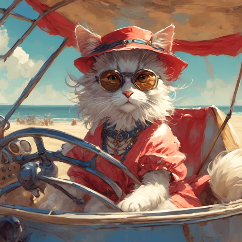 Cat Drives Dune Buggy on Beach in Bathing Suit