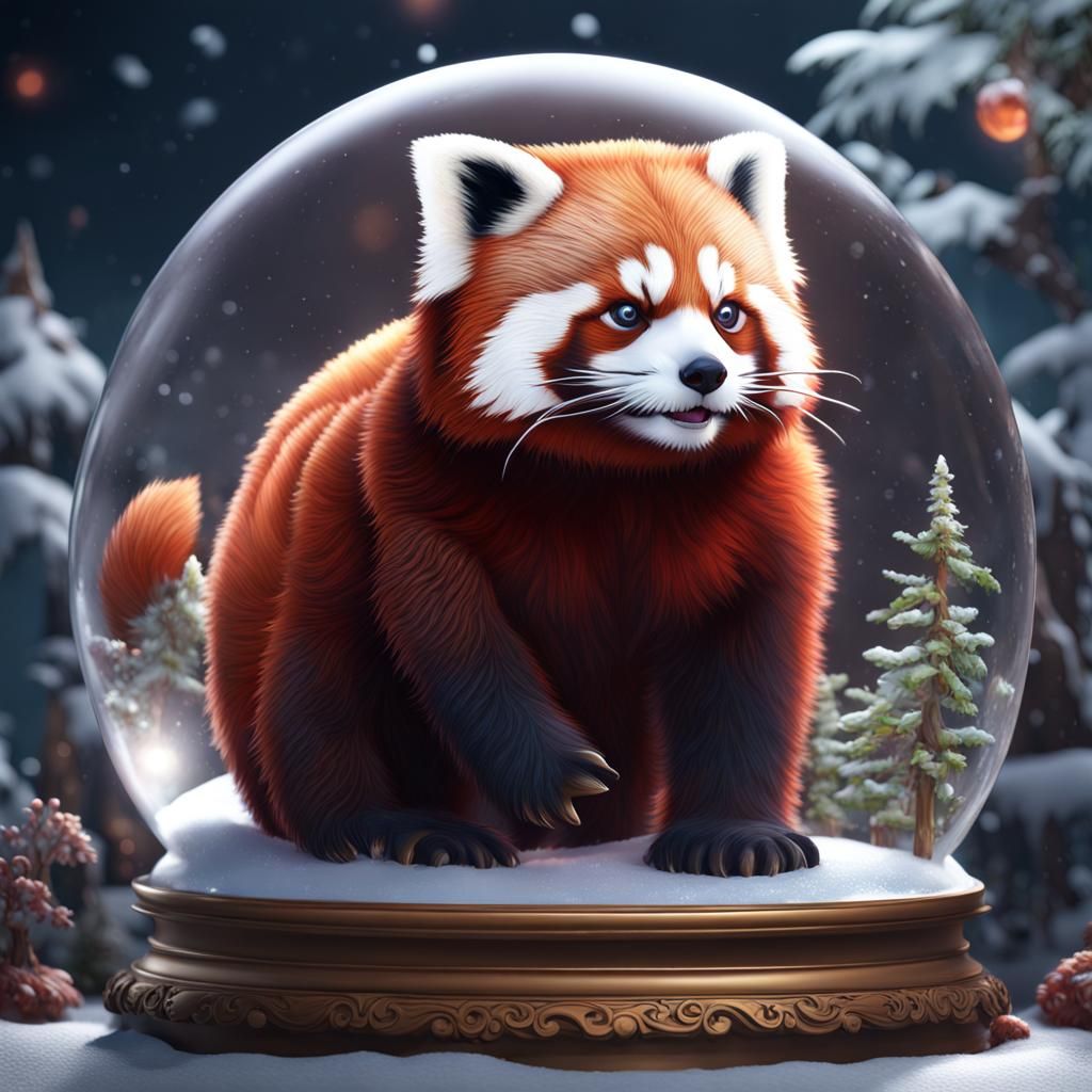 Red Panda in Snow Globe: Digital Art