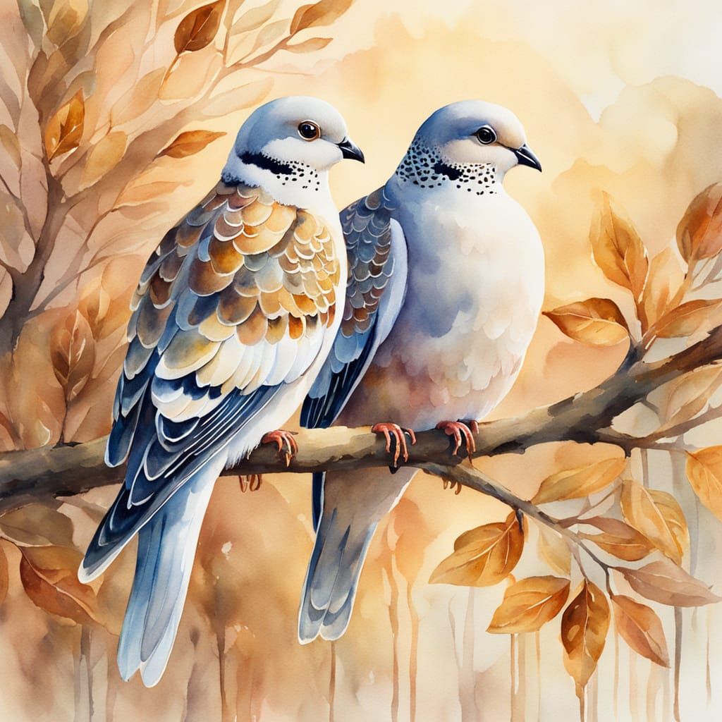 Turtle Doves in Watercolour Folk Art Style