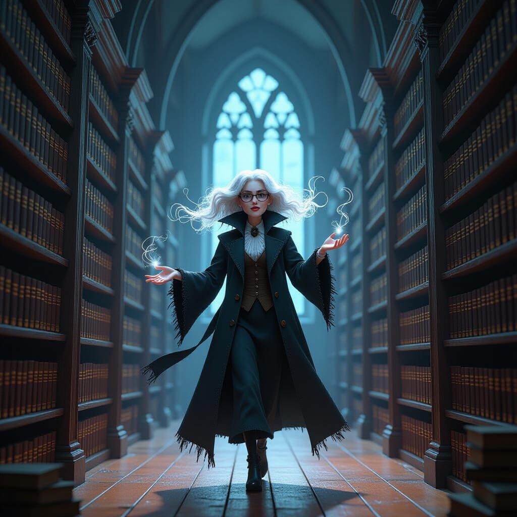 Ethereal Librarian in Haunted Library, 3D Digital Art