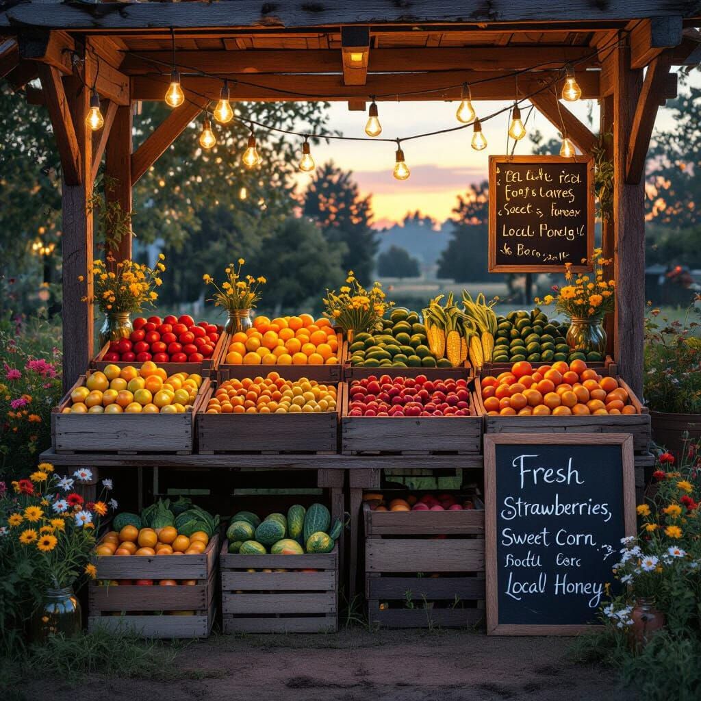 Produce Stall at Dusk in Digital Painting Style