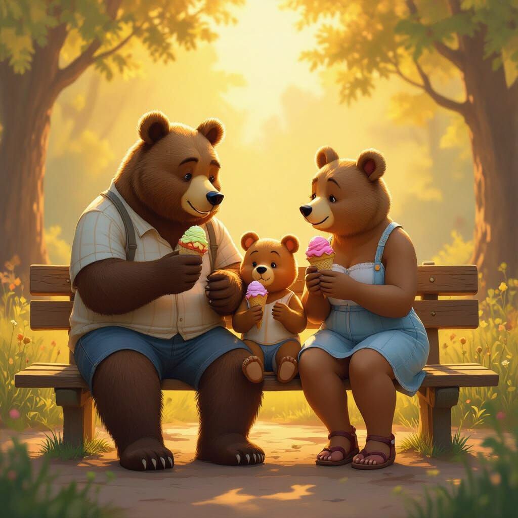 The Three Bears Enjoying Ice Cream: Impressionist Oil Painti...