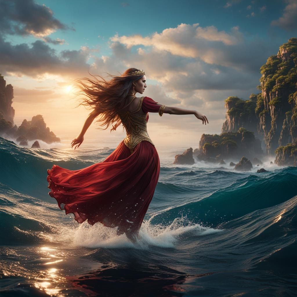 Girl Dancing in Ocean: Detailed Matte Painting