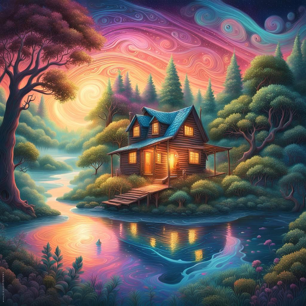 Cosmic Cabin by River: Surrealist Astral Illustration