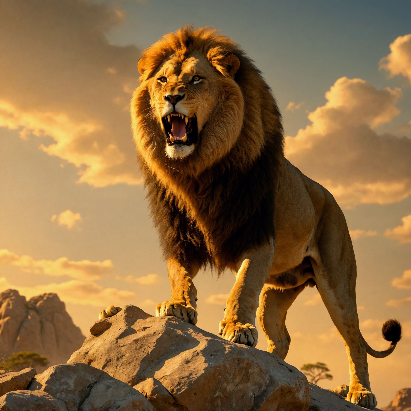 Majestic Lion King Roars from Desert Rock