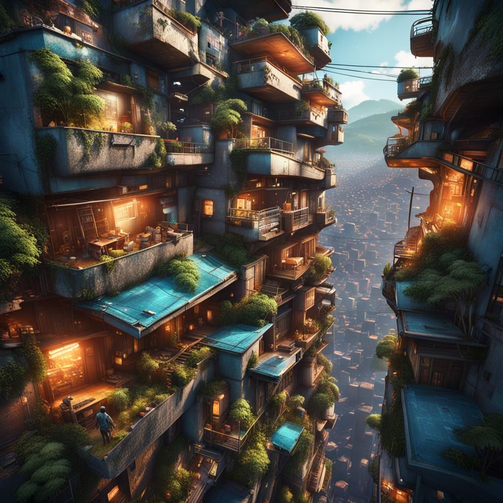 Futuristic Favelas Rising: Detailed Matte Painting