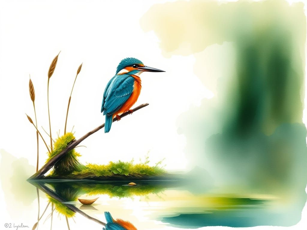 Kingfisher in Watercolor with Mist and Soft Light