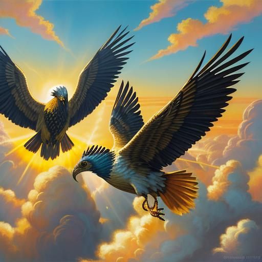 Griffins in Flight with Golden Sunburst