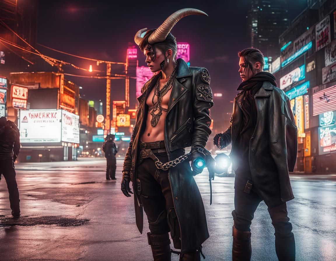 Androgynous Minotaur in Cyberpunk Goth Style