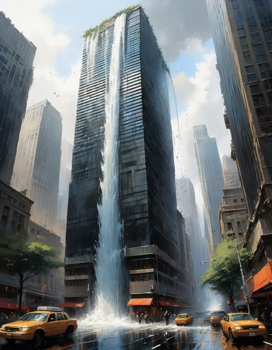 Waterfall Cascading Down Futuristic Skyscraper