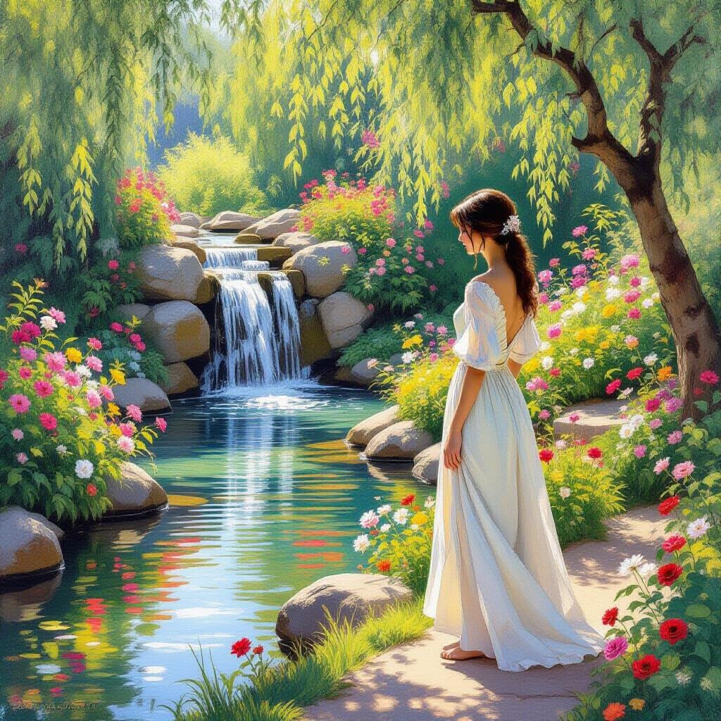 Woman by Creek with Waterfall in Impressionistic Style