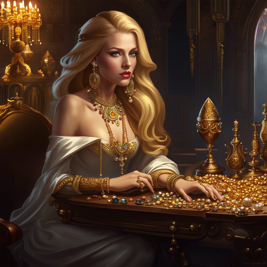 Elegant Lady Amidst Golden Treasure
