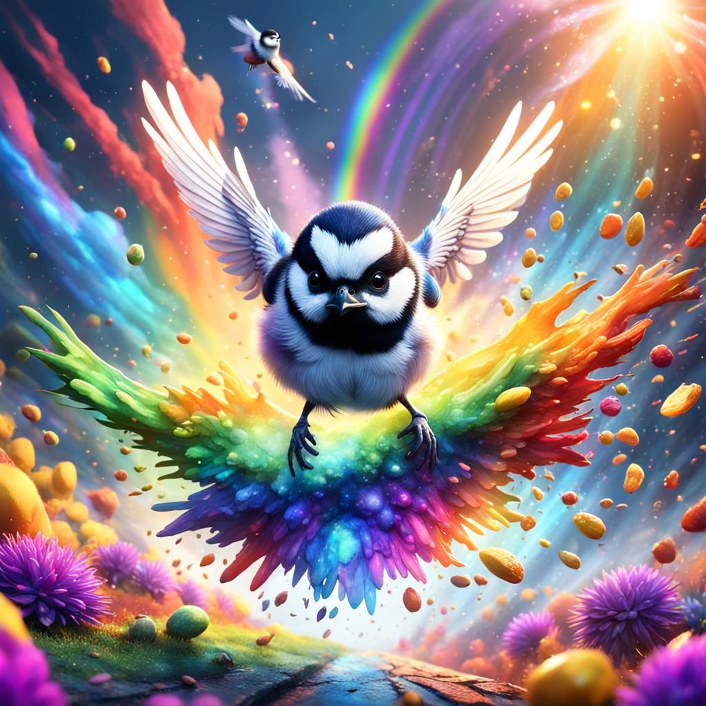 Chickadee in Rainbow Explosion: Detailed Matte Painting