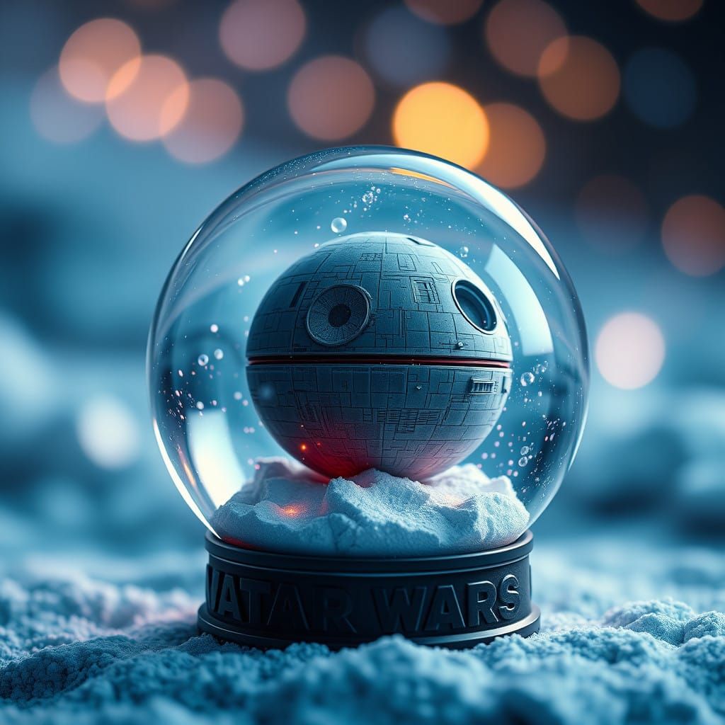 Epic Fantasy Death Star Snow Globe in Unreal Engine 5 Style
