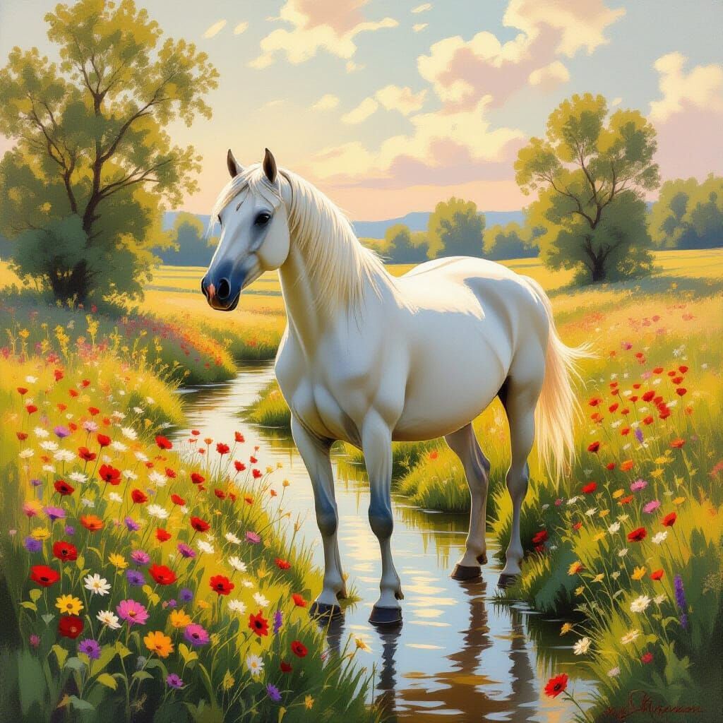 Majestic White Horse in Sun-Dappled Meadow