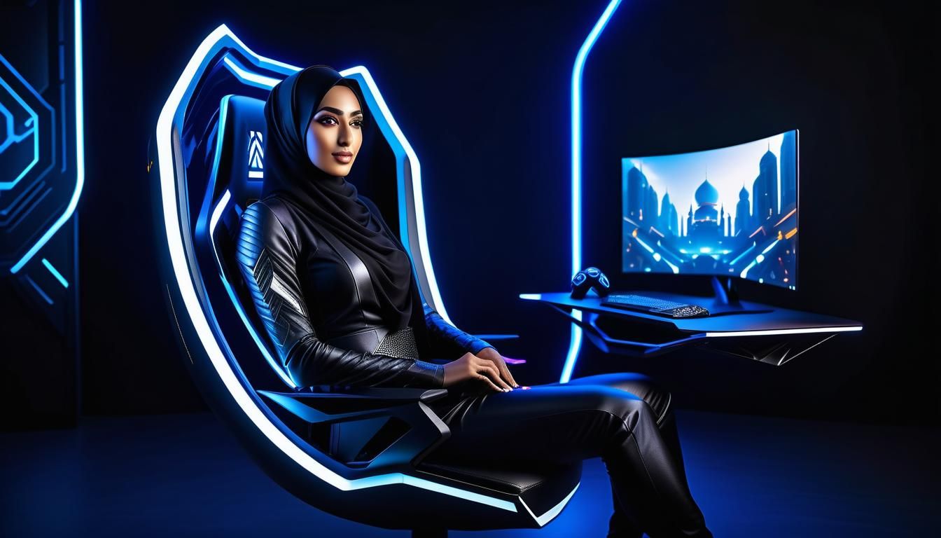 Futuristic Gaming Setup with Arabian Hijabi Gamer