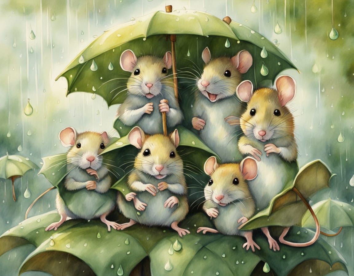 Sweet family of shy mice sheltering from the rain under a green umbrella
