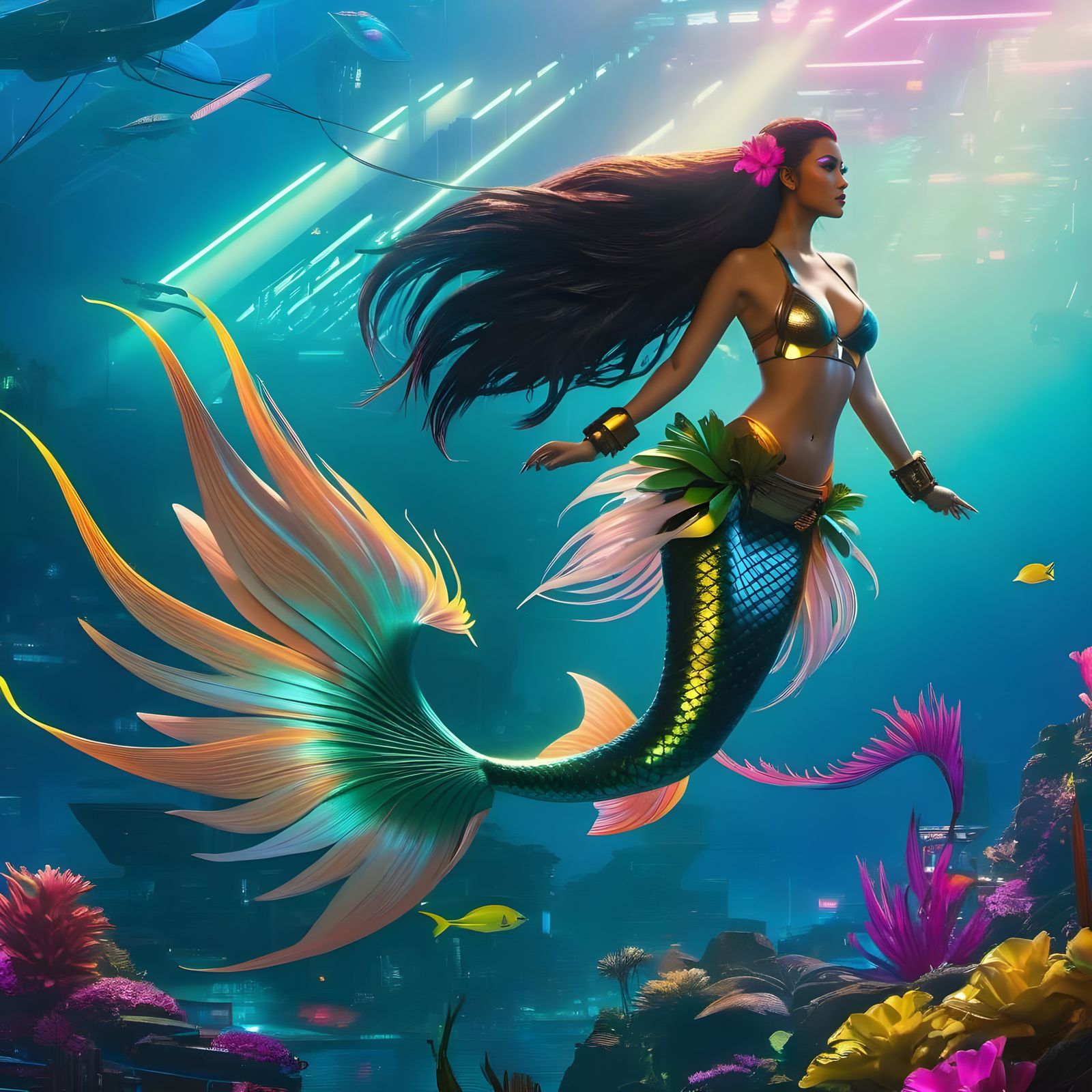 Cyberpunk Polynesian Mermaid in Neon Style