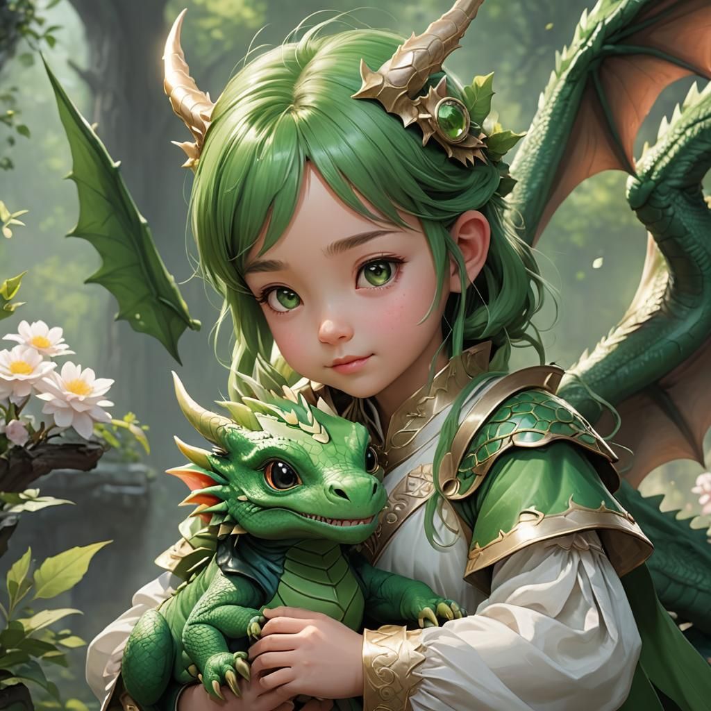 Cute Green Dragon with Anime Princess in 3D Art