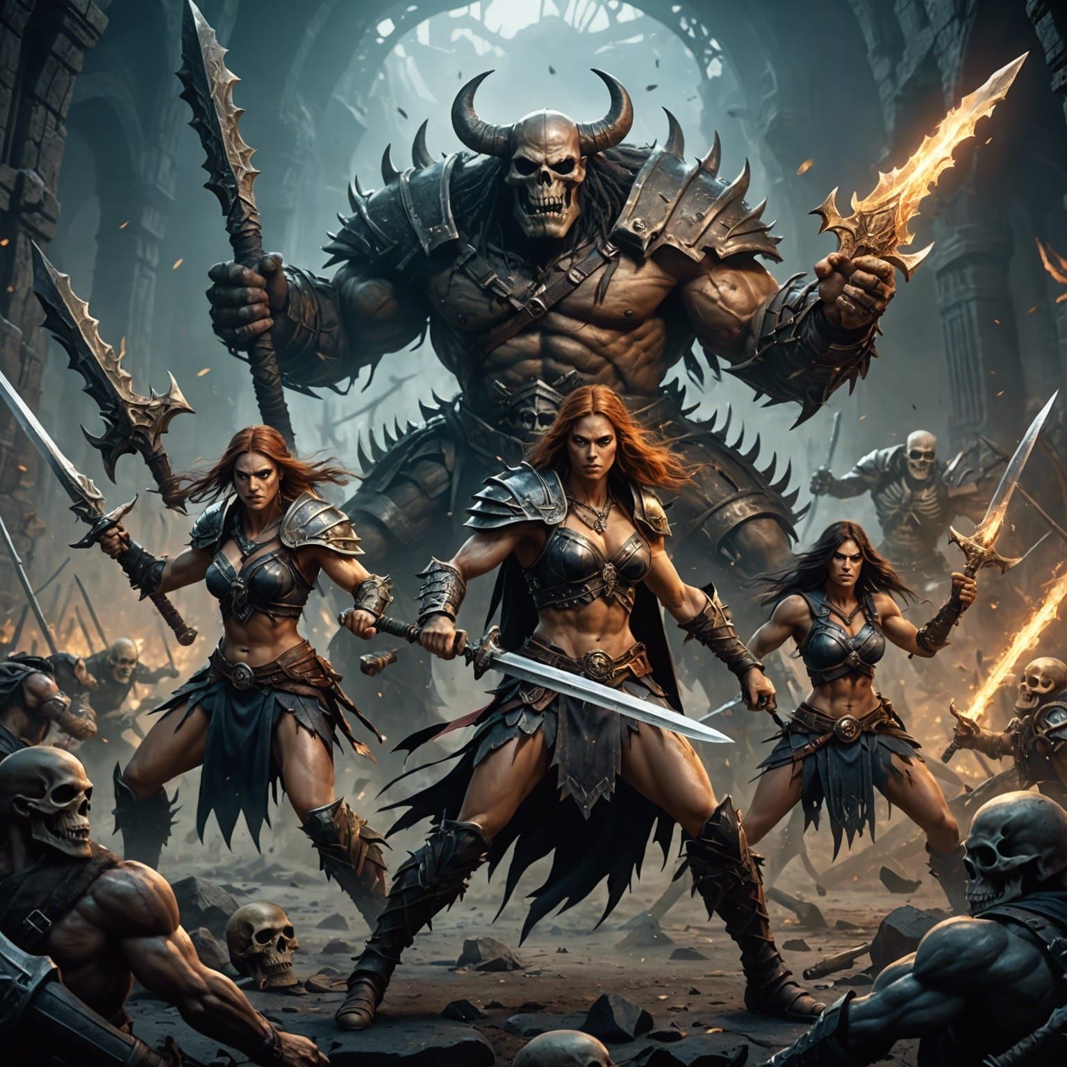 Barbarian Trio Battles Skeleton Horde: Dark Fantasy Art